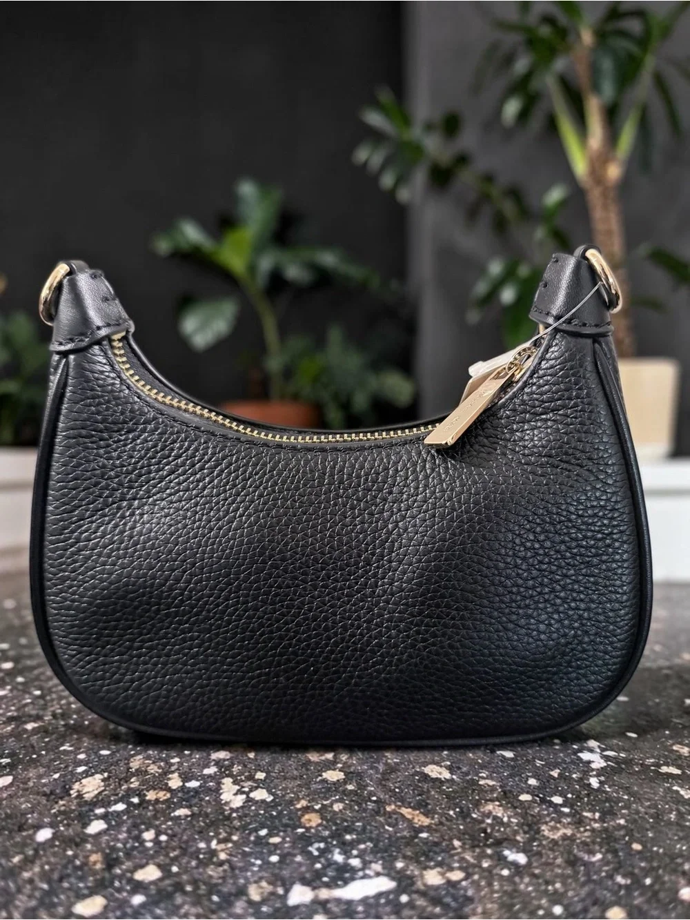 Michael Kors Black Pebbled Mini Crescent Shoulder Bag with Gold Hardware